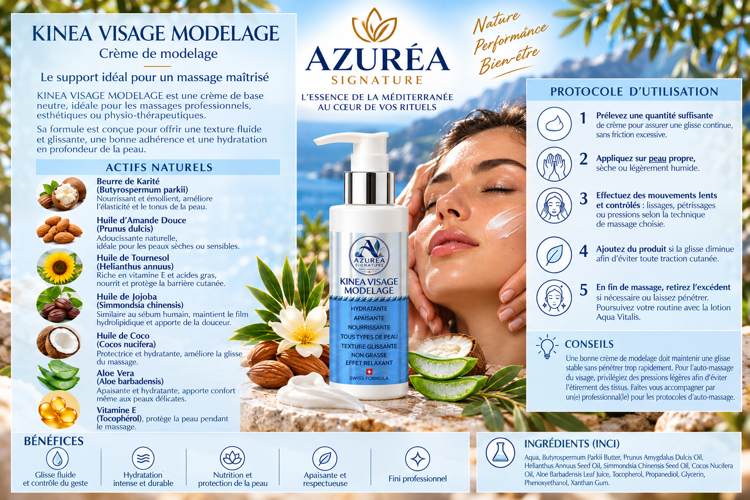 Fiche produit de la Crème Kinea Visage Modelage Azuréa Signature : actifs clés, protocole d'utilisation, conseils, bénéfices et ingrédients.